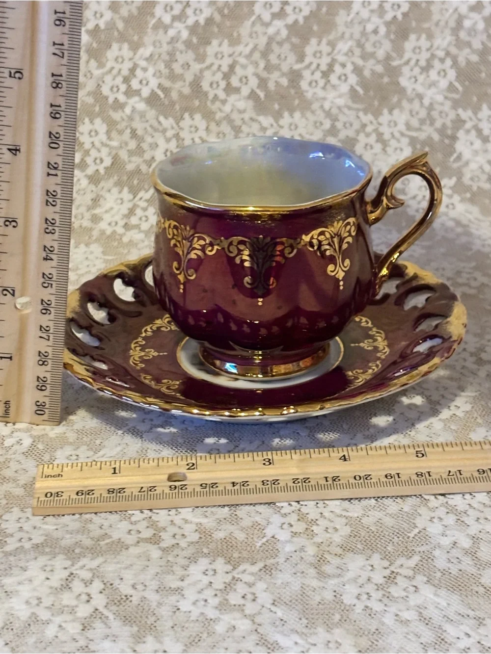 Vintage Ohashi China Burgundy & Gold Teacup & Saucer